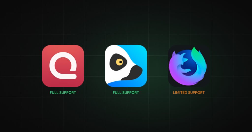 Android browser compatibility for DeniedPixels showing Quetta Browser and Lemur Browser with full support and Firefox Mobile with limited support